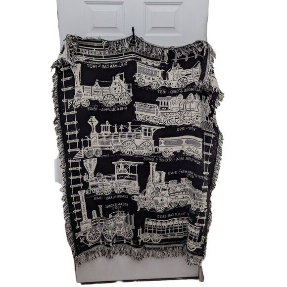 VTG Evolution of Steam Locomotive Trains Tapestry Fringed Throw Blanket 56 x 45 - Picture 3 of 4